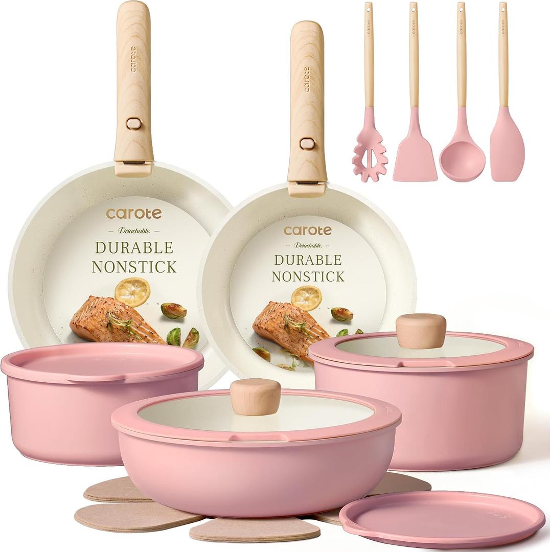 CAROTE Pots and Pans Set, Nonstick Cookware Set Detachable Handle, 19pcs Induction Kitchen Cookware Sets Non Stick with Removable Handle, RV Cookware Set, Oven Safe, Pink, Mothers Day Gifts, 19 Piece