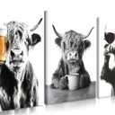 Funny Highland Cow Canvas Wall Art Set of 3, Black and White Cow Wall Decor Paintings, Farm Animal Poster Pictures Prints Vintage Rustic Farmhouse Home Decor for Bar Kitchen Dining Room 16x24 Inch