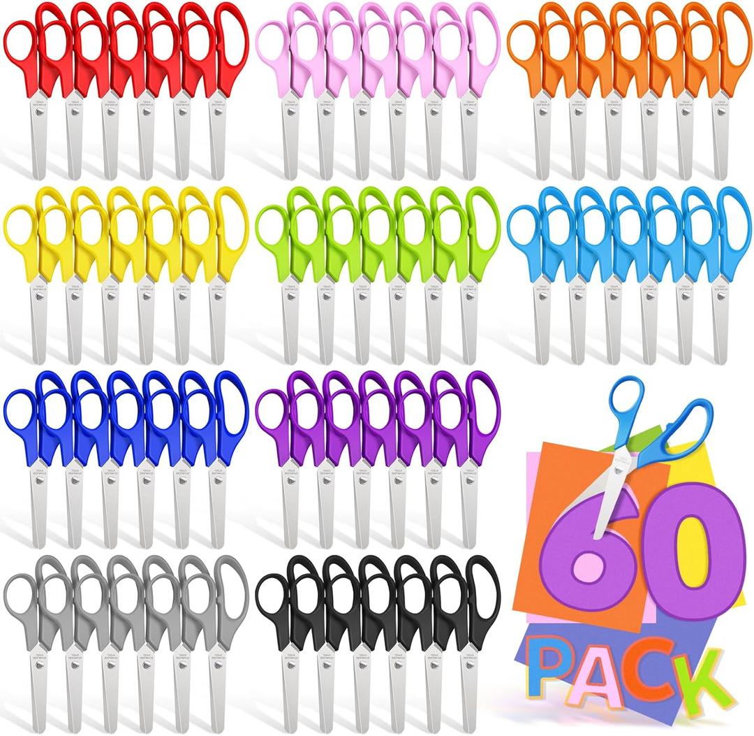 60 Pack Kids Scissors Bulk - 5" Safety Blunt Tip Craft Scissor for Preschool Kindergarten Elementary Classroom Cutting Paper, Comfort Grip, Back to School Supplies for Child Student Teacher, 10 Colors