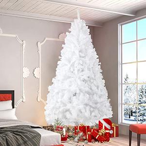 BDL 7FT White Christmas Tree Premium Hinged Artificial Pine Tree with Solid Metal Stand and Decorations,1100Tips