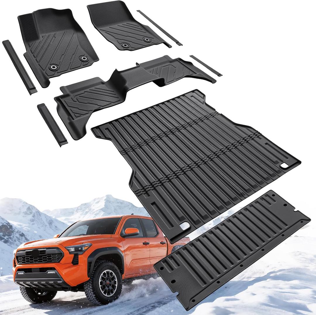 Floor Mats for Toyota Tacoma 2024-2026 Double Cab, All Weather Front & Rear Liners with 5FT Bed Mat, Tailgate Mat & Door Sill Guards for Tacoma 4th Gen(Gas Only), Full Set Car Accessories Truck Carpet