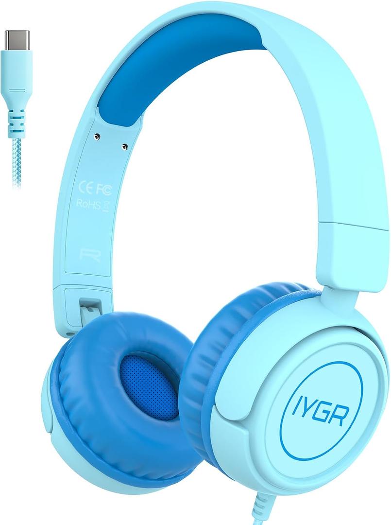 K6C Kids Headphones with USB-C, for Toddler & Kids Ages 2-12, 85dB Safe Volume Limited, Adjustable Headband & Foldable Wired, On-Ear Headphones for School, Travel, Tablet, iPad