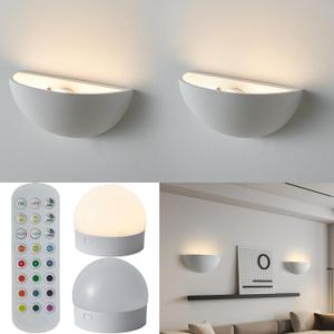 2 Pack Repaintable Battery Operated Wall Sconce, Minimalist Half-Sphere Gypsum Rechargeable Wall Light with 5000mAh Dimmable Magnetic Bulb Remote, 12 RGB Colors Wireless Wall Lamp for Hallway Decor