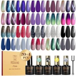 ROSALIND 24PCS Cat Eye Gel Nail Polish Set with Glitter Glossy Matte Top Coat Base Coat, Color Changing Glitter Shinny Effect Magic Gel Polish Set Soak Off Nail Gel Polish Nail Art