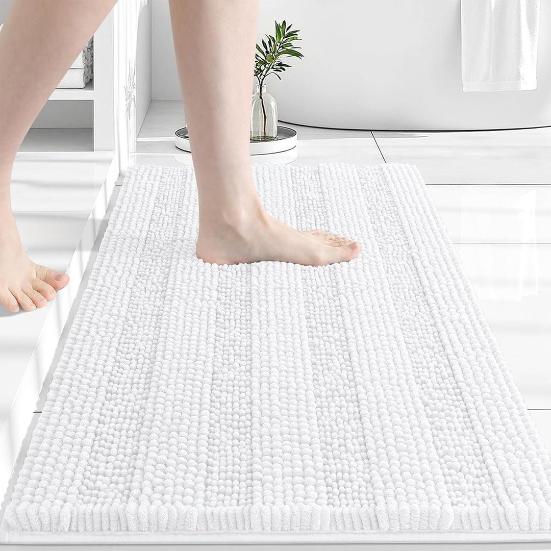 Grandaily Chenille Striped Bathroom Rugs 24x16, Extra Thick and Absorbent Bath Mats, Non-Slip Soft Plush Shaggy Shower Carpet, Machine Wash Dry, Bath Rug for Bathroom, (Small, White)