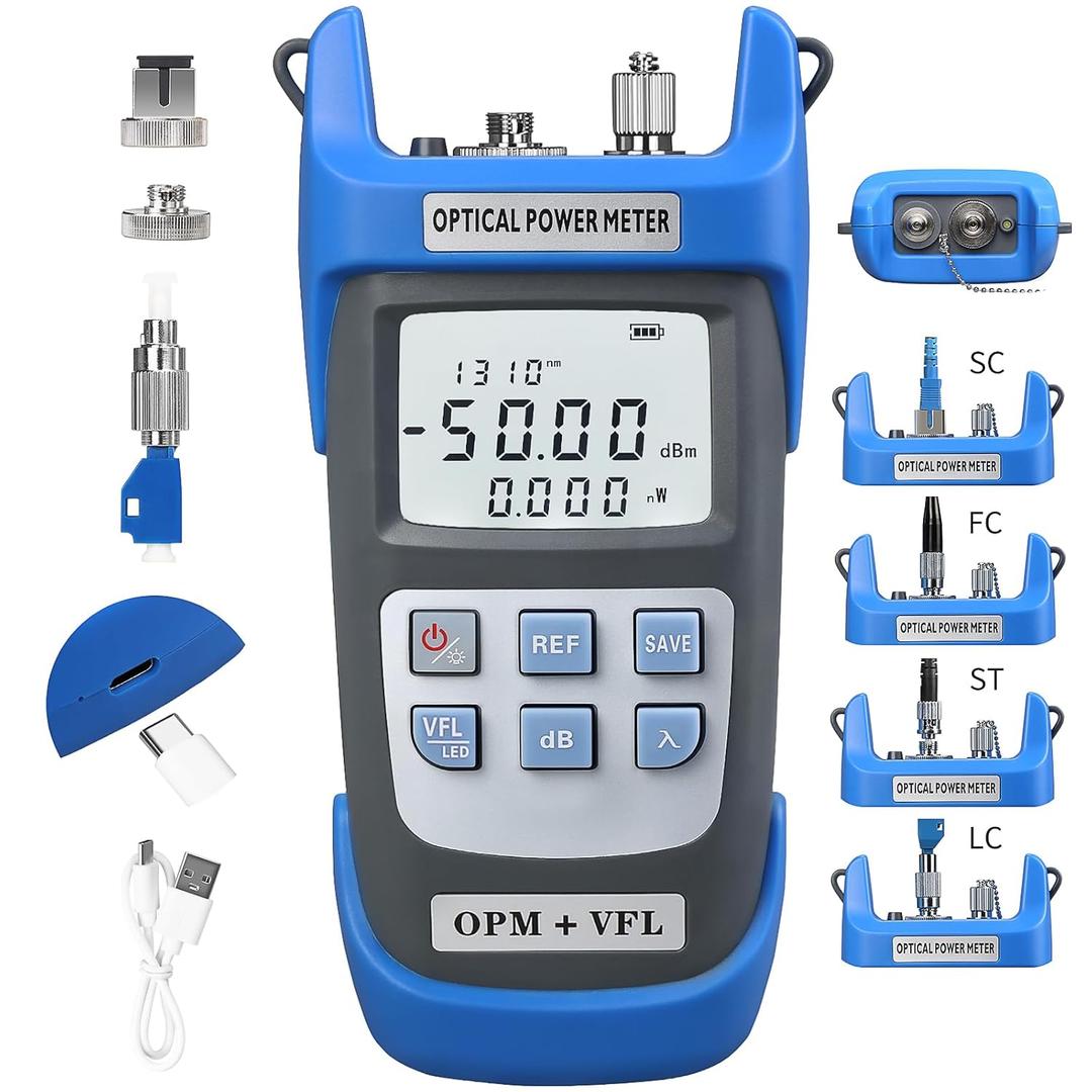 Rechargeable Optical Power Meter A-C510B (-50~+26dBm) Fiber Optic Tester, Optical Power 50 All-in-one Machine, Suitable for SC/FC/ST/LC 2.5mm/1.25mm Interface, with 1 9/125um FC-LC Adapter