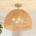 Rattan Ceiling Light Fixture, 4-Light Boho Semi Flush Mount Ceiling Light, 20" Wicker Light Fixture with Handmade Woven Cage Lampshade, Rattan Chandelier for Bedroom Hallway Nursery Kitchen Farmhouse (Gold)