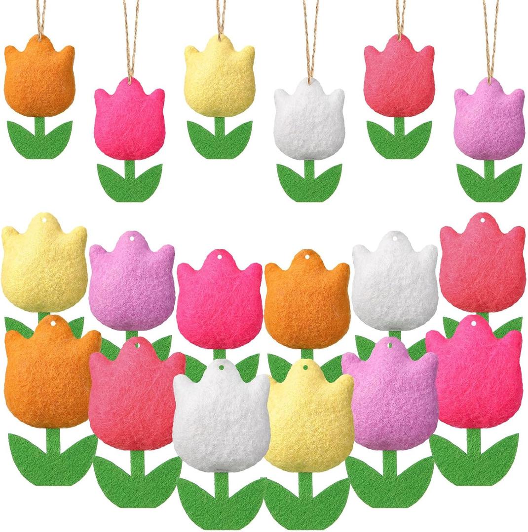 HunnmingRe 18 Pcs Spring Tree Ornaments Felt Tulip Flowers Hanging Ornaments Spring Flower Decorations for Summer Party Home Door Wall Mantel Decor Arts Crafts Gifts