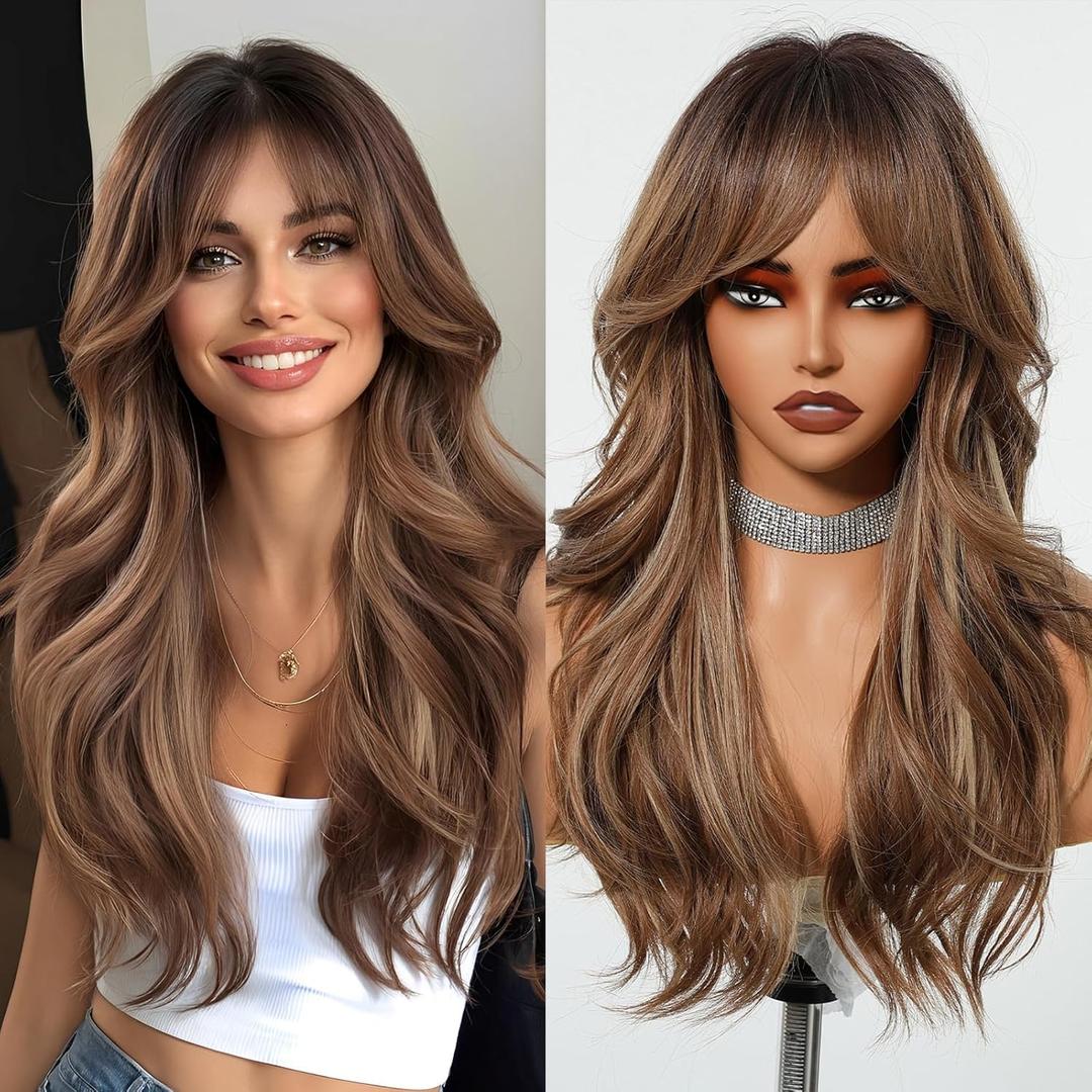 Long Brown Layered Wig with Curtain Bangs for Women Highlight Brown Mixed Blonde Wavy Wig Natural Looking Heat Resistant Synthetic Wigs for Daily Party Use