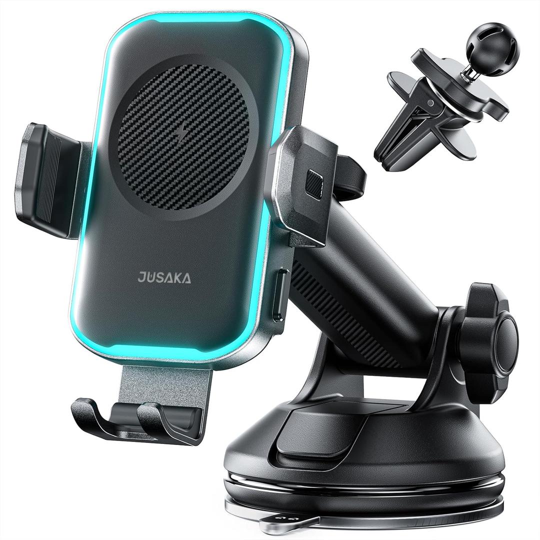Wireless Car Charger, 15W Fast Charging Auto Clamping Car Phone Holder Mount, [Vent Clip+Suction Cup] Car Phone Mount Accessories Compatible iPhone 15/14/13/12, Samsung Galaxy Series, etc