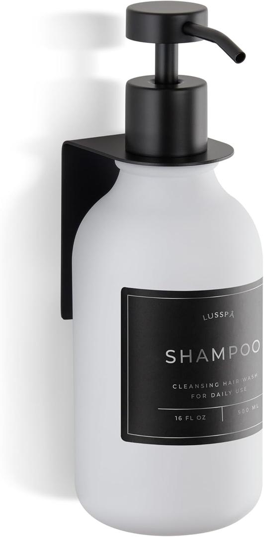 Shower Shampoo Dispenser Wall Mounted Refillable 16.9 oz White Bottle with Stainless Steel Pump & No-Drill Adhesive Holder Soap Dispenser for Bathroom (1 X White/Black)