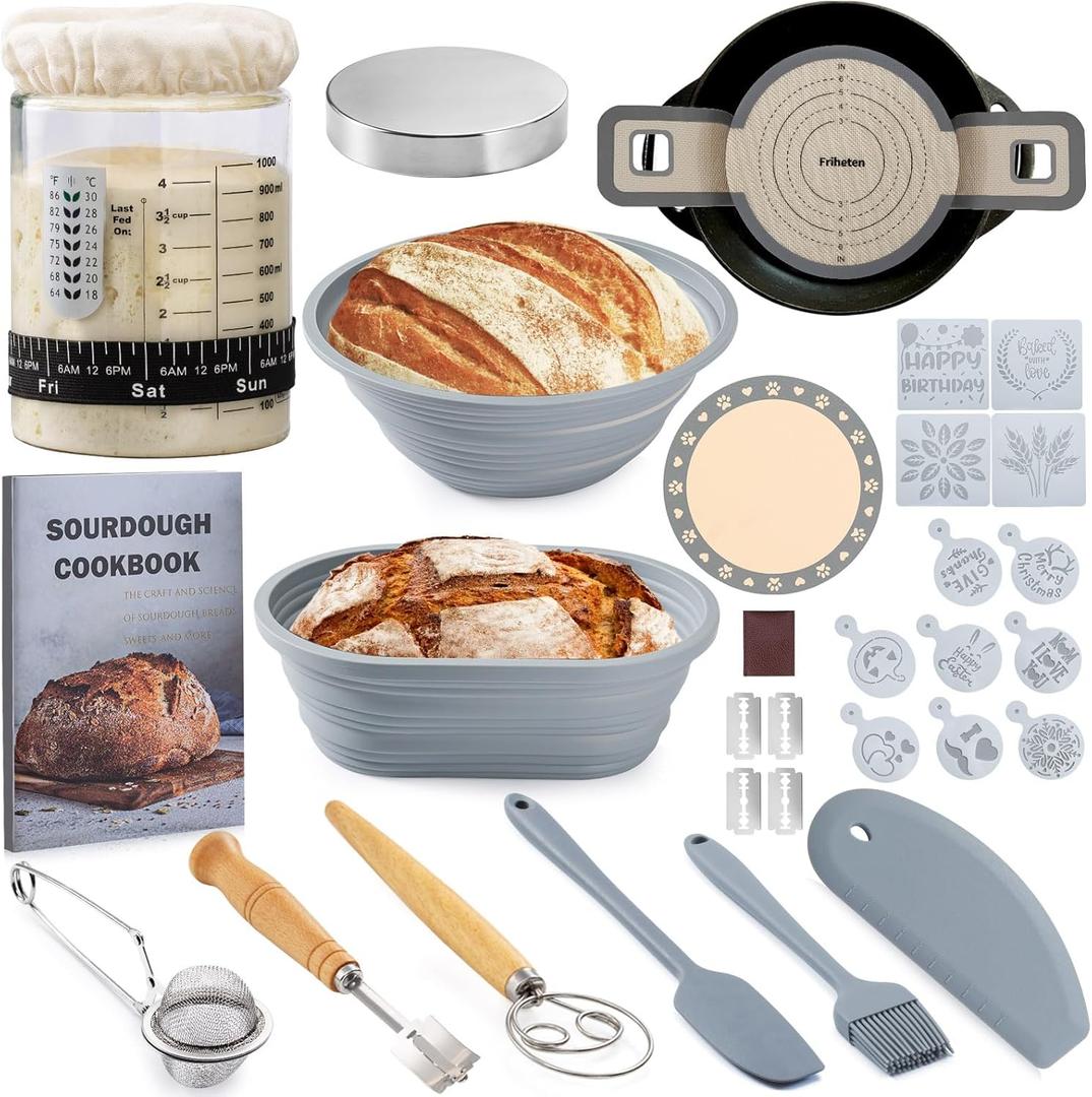 Sourdough Starter Kit, Sourdough Bread Baking Supplies, 40oz Sourdough Starter Jar, Silicone Banneton Bread Proofing Basket Set with 9" Round & 10" Oval,Artisan Bread Baking Tools,Silicone Bread Sling