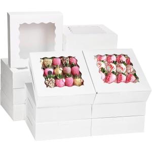 Moretoes 30pcs Bakery Boxes, 8x8x2.5 Cookie Boxes with Window, White Treat Containers for Mother's Day, Donuts, Chocolate Strawberries, Pie