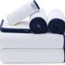 Macouba Bath Towels for Bathroom Bath Towel Set - White Towels with Blue Trim - Luxury Set of 6 - Bathroom Towels Set, White Navy Blue Towels - 2 White Bath Towels, 2 Hand 2 Face
