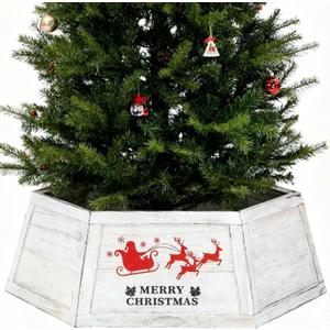 Weysat 30" Wooden Tree Collar Box Christmas Tree Skirt Collar Christmas Decoration Farmhouse Xmas Stand Cover Natural Wood Rustic Hexagon Xmas Base Cover 6-Piece Fit Below 29.5"(White Rustic)