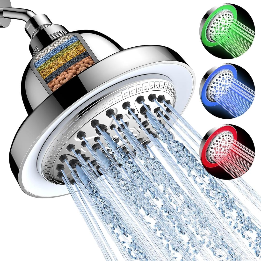 FEELSO Filtered Shower Head with LED Color Changing, 7 Modes High Pressure Rain Shower Head with Filters, Water Softener Showerhead for Hard Water Remove Chlorine, Reduces Dry Itchy Skin & Hair (Chrome)