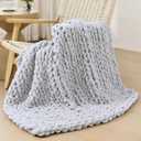 Bigacogo Chunky Knit Throw Blanket for Couch, 40x40 inches, 100% Hand Knitted with Thick Jumbo Chenille Yarn, Cozy Soft Large Rope Knot Cable Crochet Blankets for Sofa Bed Living Room, Light Grey