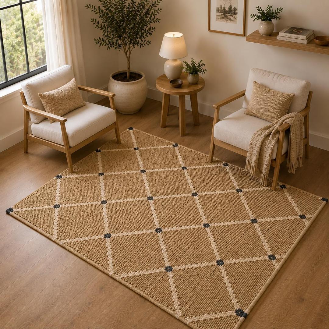 Hand Woven Jute Rug 4'x6' Area Rug - Rectangular Handcrafted Premium Geometric Design, Indoor Reversible Natural Fiber Rugs - Rustic Farmhouse Carpet for Living Room, Hallway, Bedroom - Natural