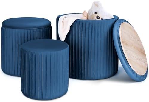 COOLBEBE Round Ottoman with Storage Set of 3, 3PCS Velvet Vanity Stools for Makeup Room, Multifunctional Ottoman Footrest Stool for Bedroom Living Room Decorative Furniture(Navy Blue)