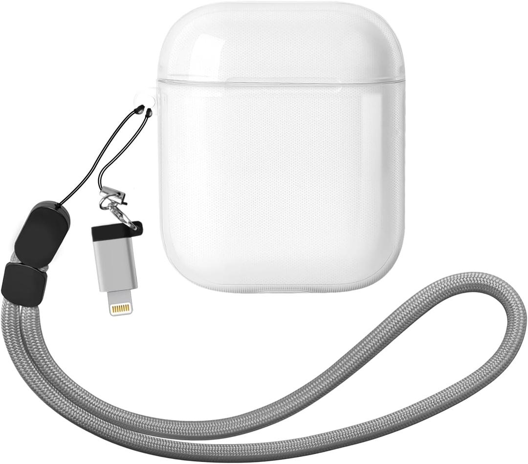 KUWATA Case for AirPods 1st & 2nd, Come with Lanyard & USB-C to Lightning Adapter, Medium-Firm Premium TPU, High-Transparency, Long-Term Anti-Yellowing, Anti-Detachment Design for The Lid (Clear)