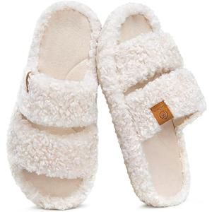 EverFoams Womens Fuzzy Open-toe Slippers Soft Comfy Memory Foam Indoor House Shoes Vanilla Ice, 7-8 US