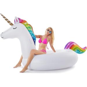 Jasonwell Giant Inflatable Unicorn Pool Float Floatie Ride On with Fast Valves Large Rideable Blow Up Summer Beach Swimming Pool Party Lounge Raft Decorations Toys for Kids Adults