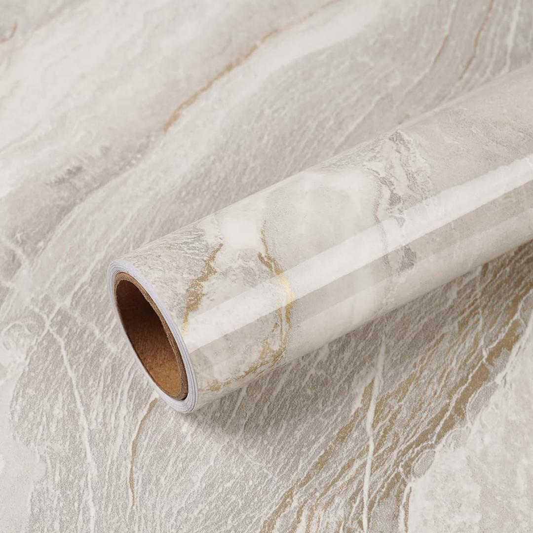 VEELIKE Wide 32''x354'' Beige Gold Marble Contact Paper for Countertops Peel and Stick Waterproof Countertop Vinyl Wallpaper for Kitchen Bathroom Glossy Marble Wallpaper Peel and Stick for Walls Table