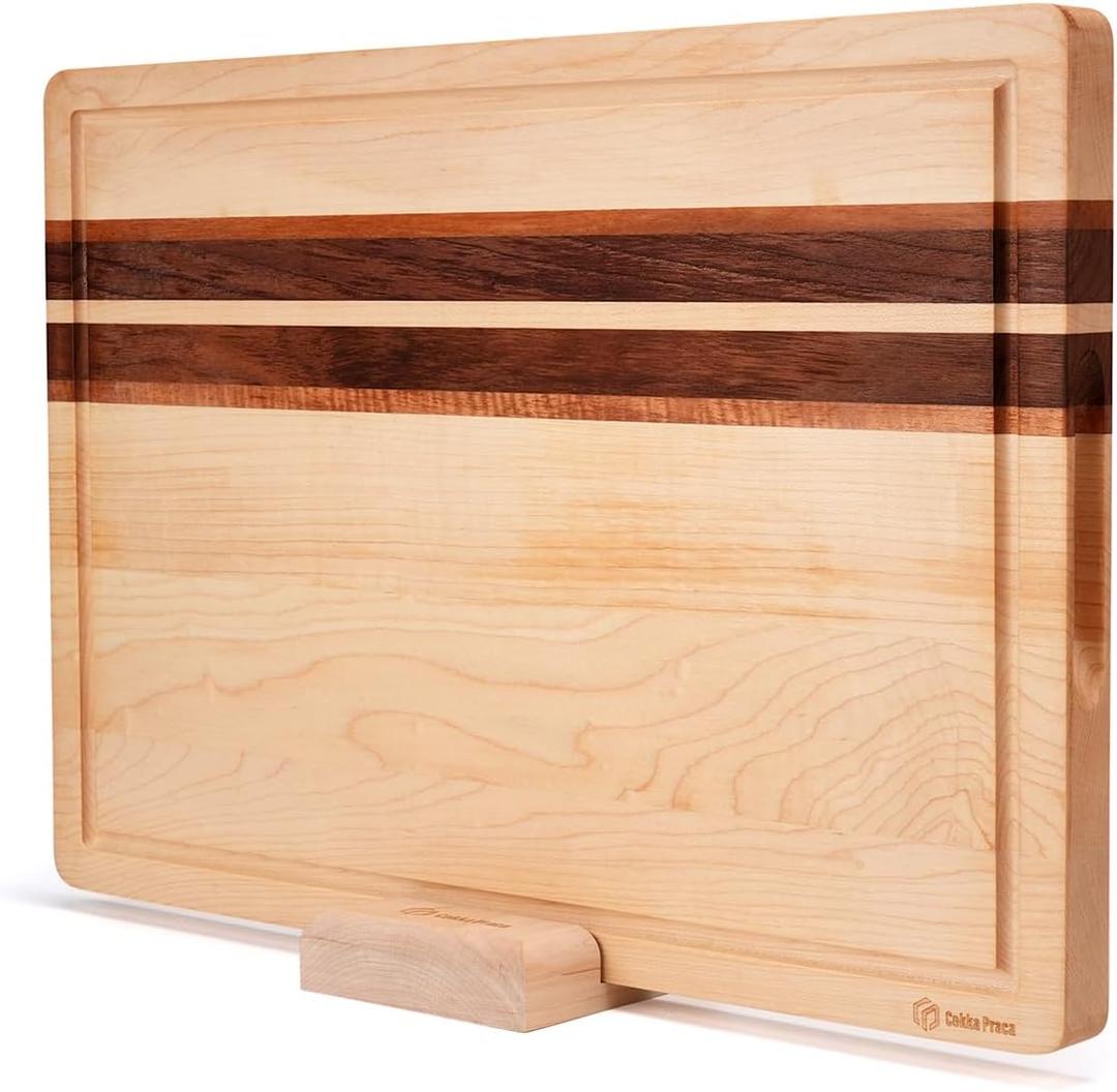 Large (16.9"L x 11.8"W x 1"Th) Hard Maple Wood Cutting Board for Kitchen-Wood Cutting Board with Holder for Meal Prep, Reversible Charcuterie Wooden Board, Sturdy, Space-saving Design