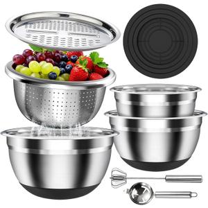 Stainless Steel Mixing Bowls Set with Lids & Silicone Base - 7-Piece Kitchen Gadgets Includes Colander, Grater, Egg Separator, Whisk - Nesting Bowls (1.5, 2, 2.5, 4.5 QT), Dishwasher Safe, Black, 1.5 to 4.5 quarts