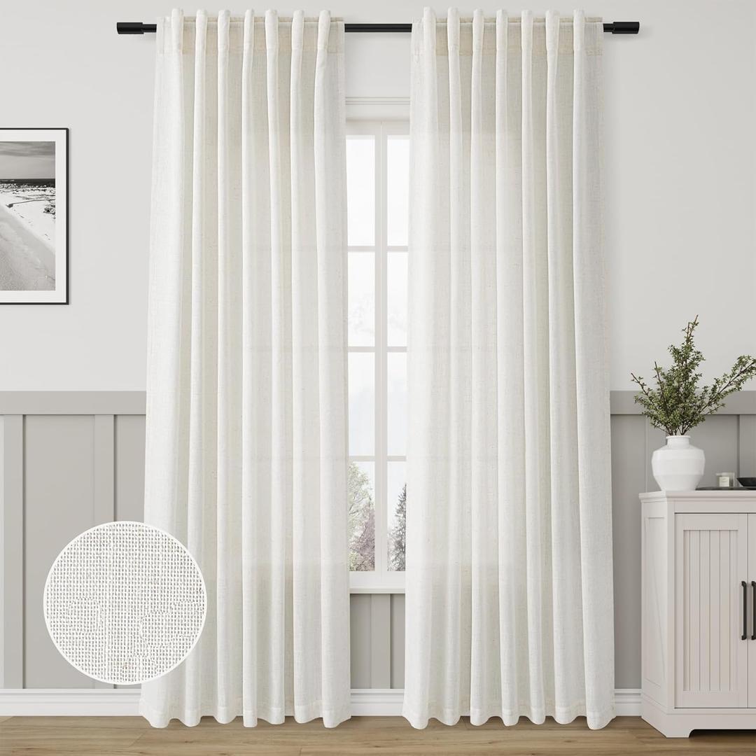 Natural Linen Curtains 84 Inch Length 2 Panels Cream White Pleated Linen Drapes for Living Room Semi Sheer Light Filtering Modern Farmhouse Aesthetic Neutral Window Curtain Back Tab Loop Ivory