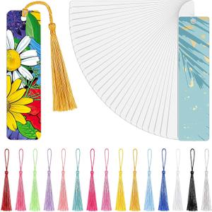 Tenare 30 Pieces Sublimation Blank Bookmarks Metal Heat Transfer Aluminum Bookmarks Bulk with Hole and Colorful Tassels for School Birthday Wedding DIY Projects and Gift Tag