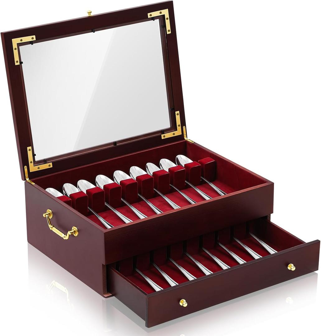 Novabright Wooden Silverware Storage Box, Silverware Chest Case with Glass Lid Flatware Organizer with Handle Felt Lined for Flatware Utensils Home Decor Gift(2 Layer)