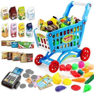 deAO Kids Shopping Cart Trolley for Groceries Toddlers 65 Food Fruit Vegetables Pretend Play Food Role Play Educational Toy Play Kitchen Toys Store Playset (Blue)