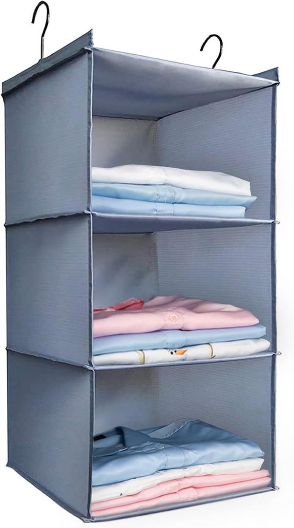 Hanging Closet Organizer and Storage 3-Shelf, Easy Mount Foldable Hanging Closet Wardrobe Storage Shelves, Clothes Handbag Shoes Accessories Storage, Washable Oxford Cloth Fabric, Gray (Grey)