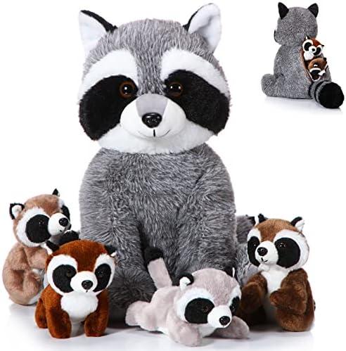 Harrycle 5 Pcs Raccoon Stuffed Animal Set Adorable Mommy Raccoon Plush with 4 Cute orable my Soft Cuddly Plushie for Birthday Woodland Party Decor(Lovely Style)