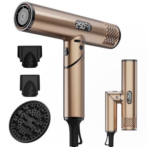 Professional Ionic Foldable Hair Dryer, Brushless Motor 110,000RPM Powerful 1600W Fast Drying Low Noise Blow Dryer with 2 Concentrator Nozzle 1 Diffuser Attachments for Home Salon Travel