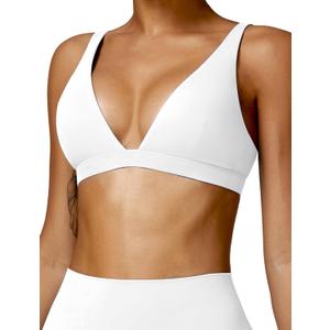 ABOCIW Womens Deep V Neck Sports Bra Padded Low Impact Fitness Yoga Bra U Back Wireless Gym Workout Bra Crop Top (Small, White)