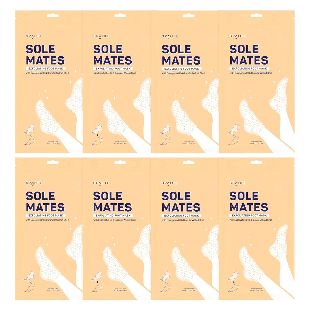 SpaLife Beauty Sole Mates Exfoliating Foot Masks For Callus Removal with Macadamia Oil, Walnut Shell, and Eucalyptus Oil  8 Pack