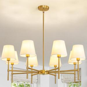 RUIYEY Dining Room Chandeliers Light - 8-Light Gold Modern Chandelier with Fabric Shade, Height Adjustable Mid Century Ceiling Lighting Fixture for Bedroom Kitchen Entryway Foyer