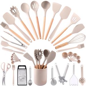 34PC Kitchen Utensils Set - Silicone Cooking Utensils with Wooden Handles - Heat-Resistant - Nonstick Cookware Safe - Complete Set for Every Kitchen (Khaki)