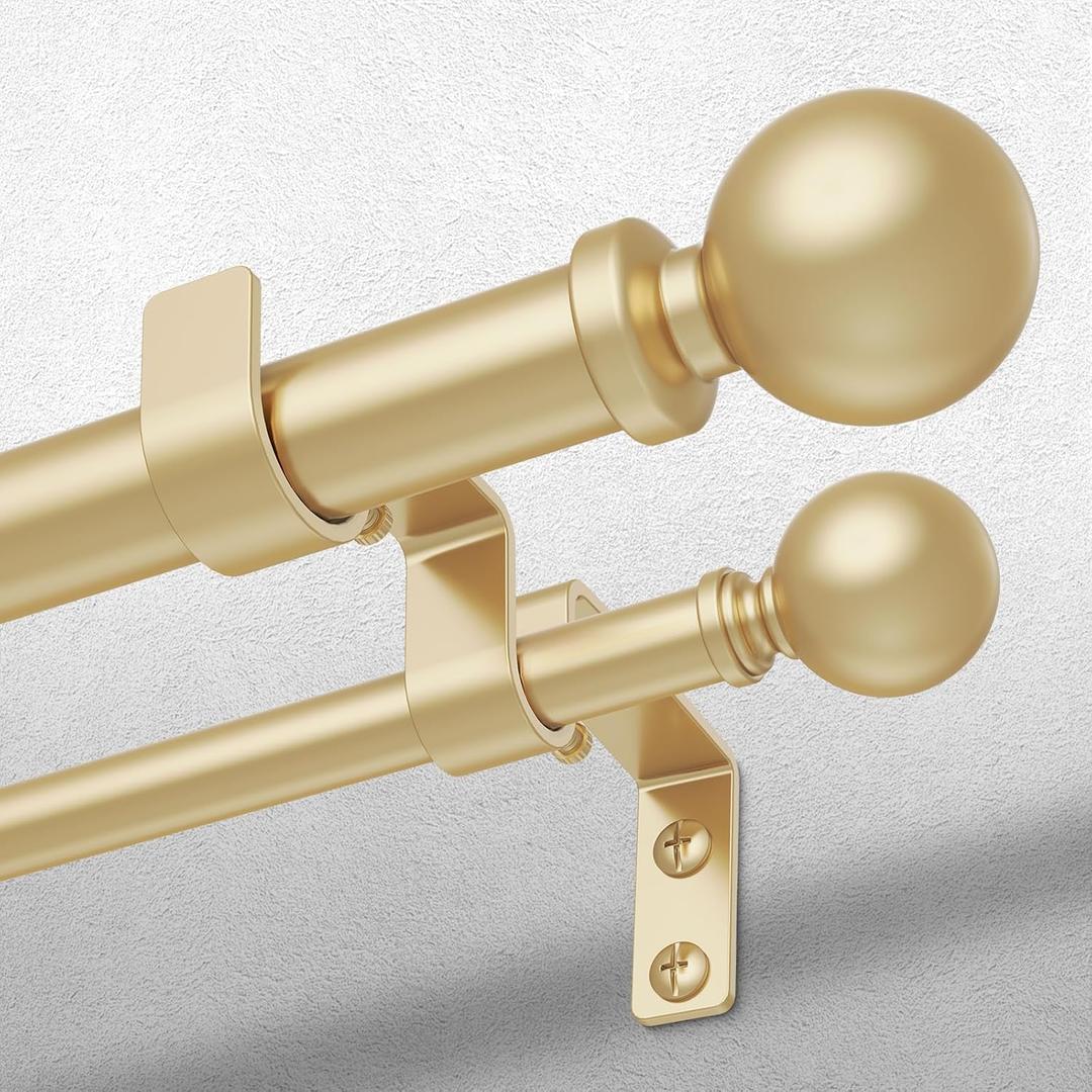 Double Curtain Rod, 1 Inch Gold Long Dual Curtain Rods for Windows 66 to 120 Inch, Decorative Adjustable Heavy Duty Telescopic Spliced Window Treatment Rods for Bedroom Living Room Farmhouse