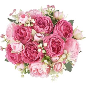 Mkono Peonies Artificial Flowers, Small Silk Flowers for Home Decor Indoor Fake Bouquet Faux Floral Arrangements Dining Table Centerpieces for Kitchen Party Decor (2, Mixed Pink)
