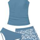 Girls Tankini Swimsuit 3 Piece Bathing Suits for Girl Square Collar Tankinis Set Girls' Swimwear with Print Shorts Gray Blue, 15-16 Years