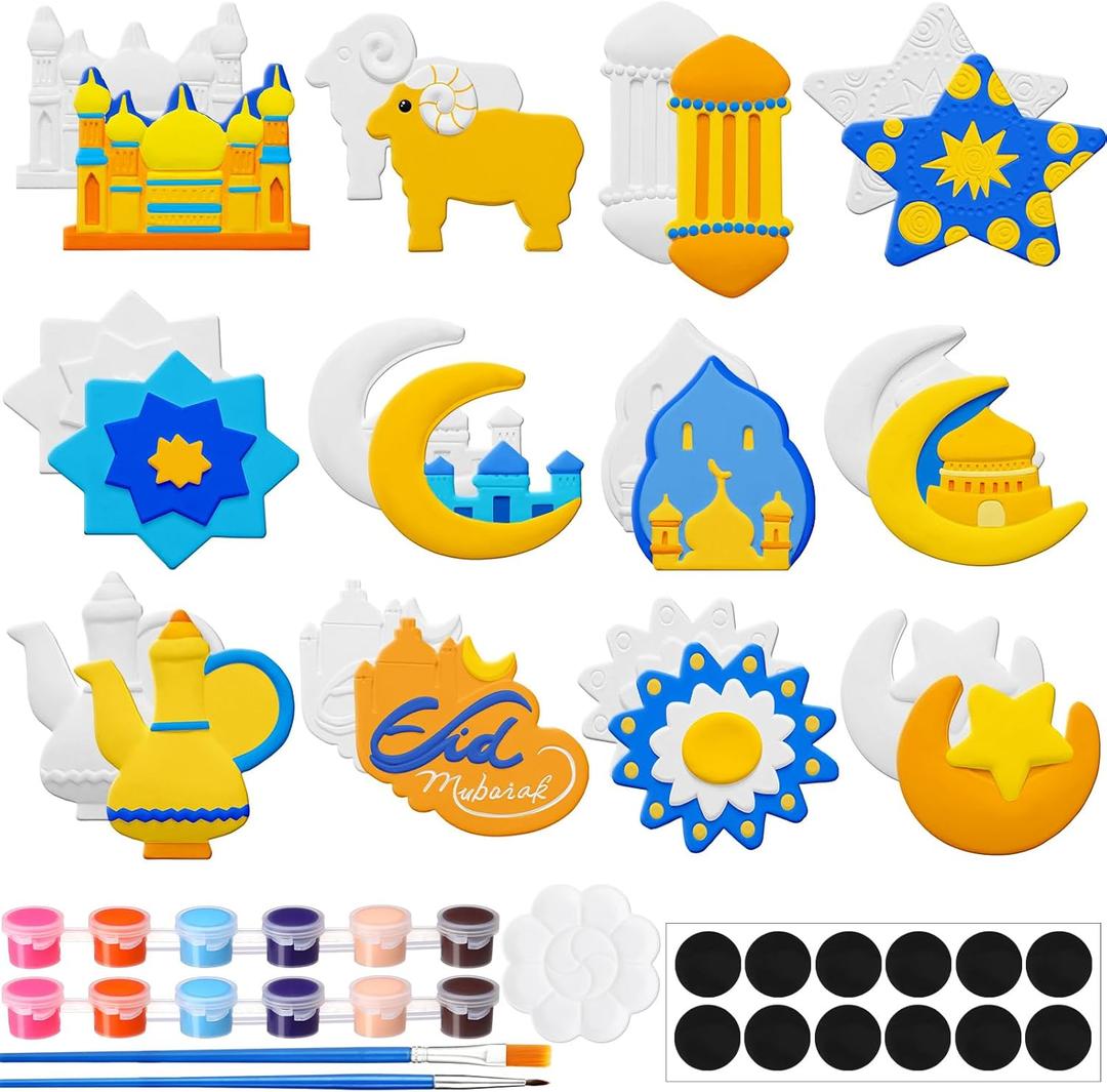MotiMind 27 Pcs Ramadan Arts and Crafts Set Islamic Eid Gifts Ceramic Painting Kit Include 12 Paint Your Own Figurines with 12 Magnet 2 Brushes and 1 Palette for Ramadan Activities