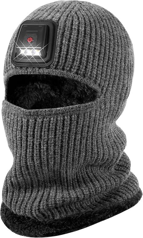 Winter Balaclava Knitted Ski Mask with LED Light - Fleece Lined Full Face Cover Windproof Snow Mask for Skiing, Motorcycling