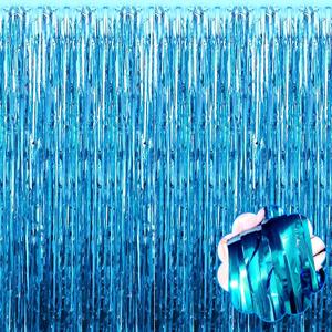 8 Pack Lake Blue Tinsel Foil Fringe Curtain Backdrop, 3.28Ft x 8.2Ft Metallic Streamers for Photo Booth, Birthday, Wedding, Thanksgiving Day, Christmas, Birthday, Halloween Party Decorations