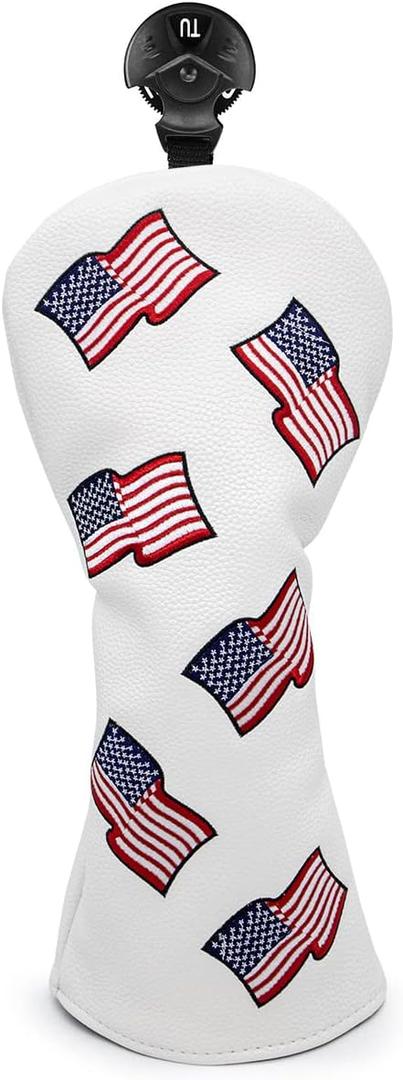 US Flag Patriotism Golf Club Head Covers White for Driver, Fairway Hybrid Woods - 4 Options - Synthetic Leather Golf Wood Head Covers Set(D/F/H), Driver Headcover, Fairway Wood Head Cover, Golf Hybrid Head Cover