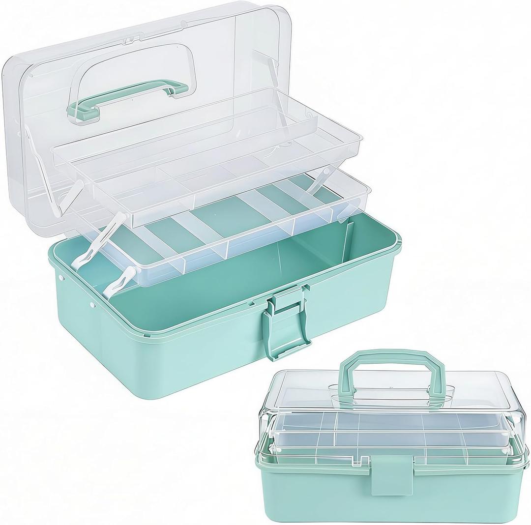 Craft Storage Box 3-Layer Plastic Craft Organizers and Storage, Portable Art Supply Organizer with Handle, Dividing Craft Box Organizer, Folding Arts and Crafts Storage for Sewing, Medicine, Tool (Green)
