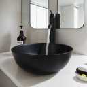 Black Vessel Sink with Faucet and Pop-Up Drain 13 inch Stone Resin Round Bathroom Basin Compact Vessel Sinks Top Mount Sink Bowls for Small Bathrooms Vanities Space Saving Design, 12.8x12.8x5.8 inches