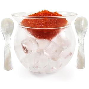 Caviar Serving Set, Glass Chiller Dish with 2 Pcs Caviar Spoons | Caviar Bowl with Ice Holder, 2 Mother of Pearl Spoons, Great for Home, Restaurants, Gourmet and Parties, Dishwasher Safe